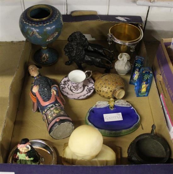 Doulton insect soap dish, pair lions, carved money box etc